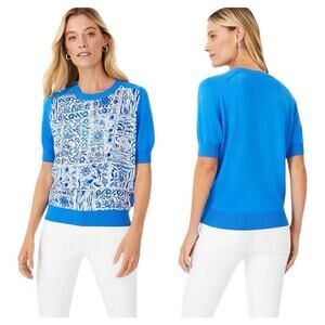 Ann Taylor Cobalt Blue Tile Mixed Media Sweater Size Large Moroccan Floral